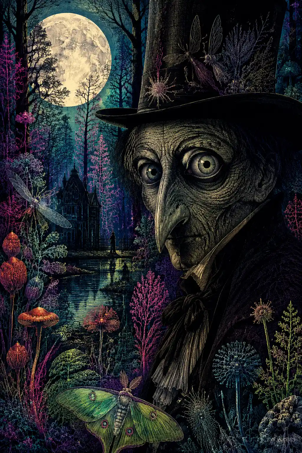 Mostro inquietante in primo piano in una foresta al neon di notte