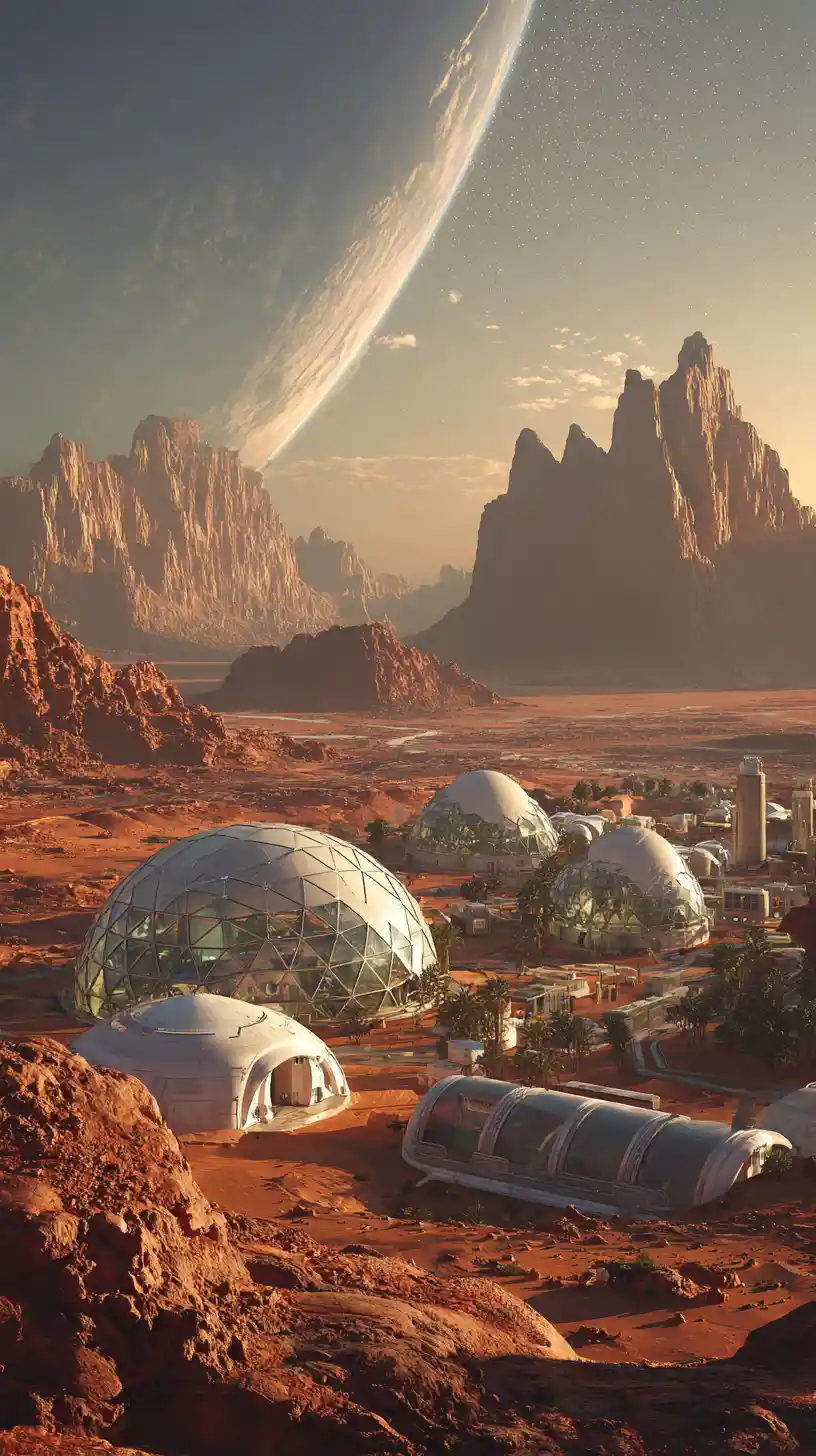 Futuristic Mars colony with domes and starships under Earth