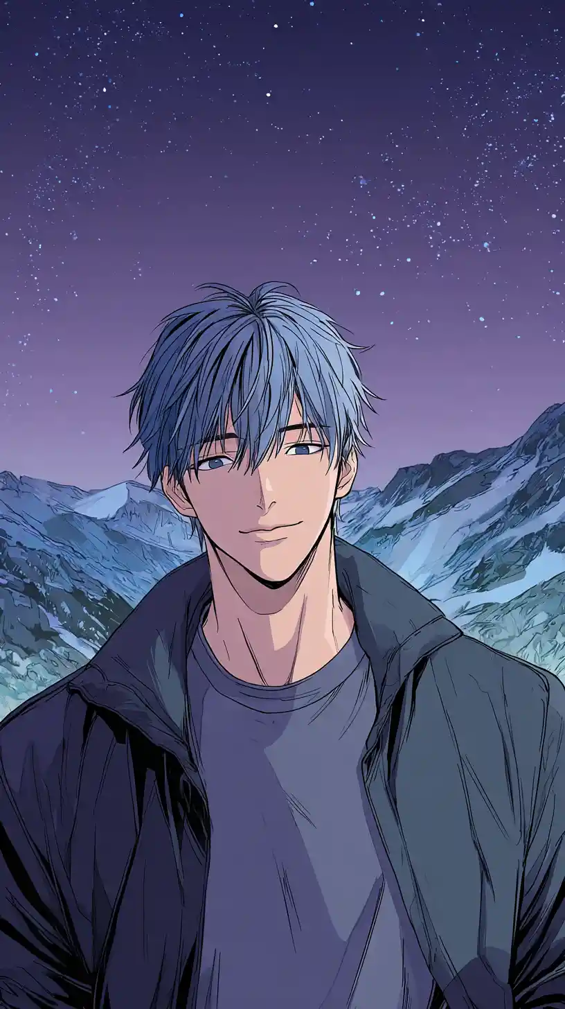 Anime man standing in mountains under a starry night sky
