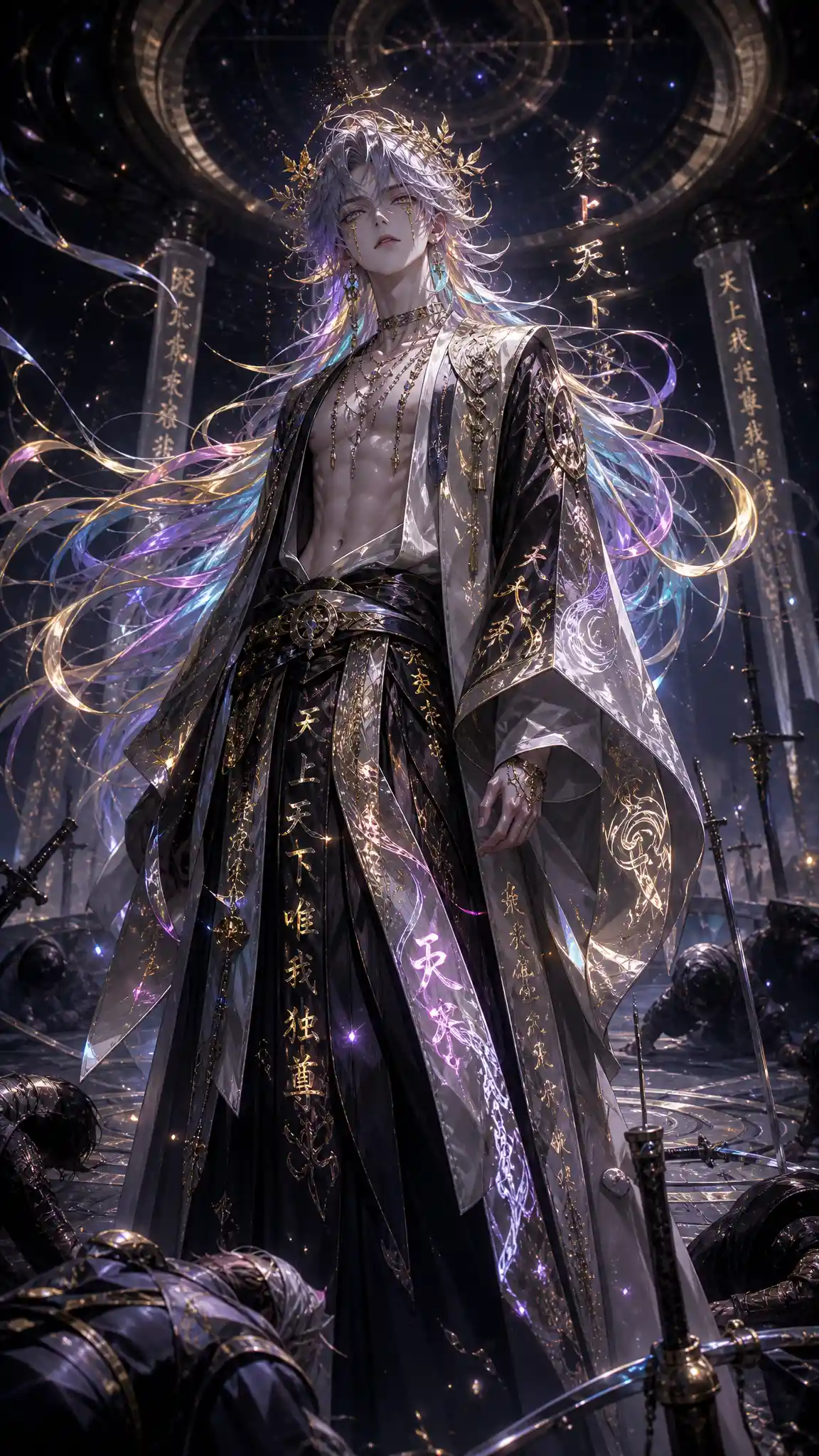 Ethereal anime man with glowing hair and regal wreath