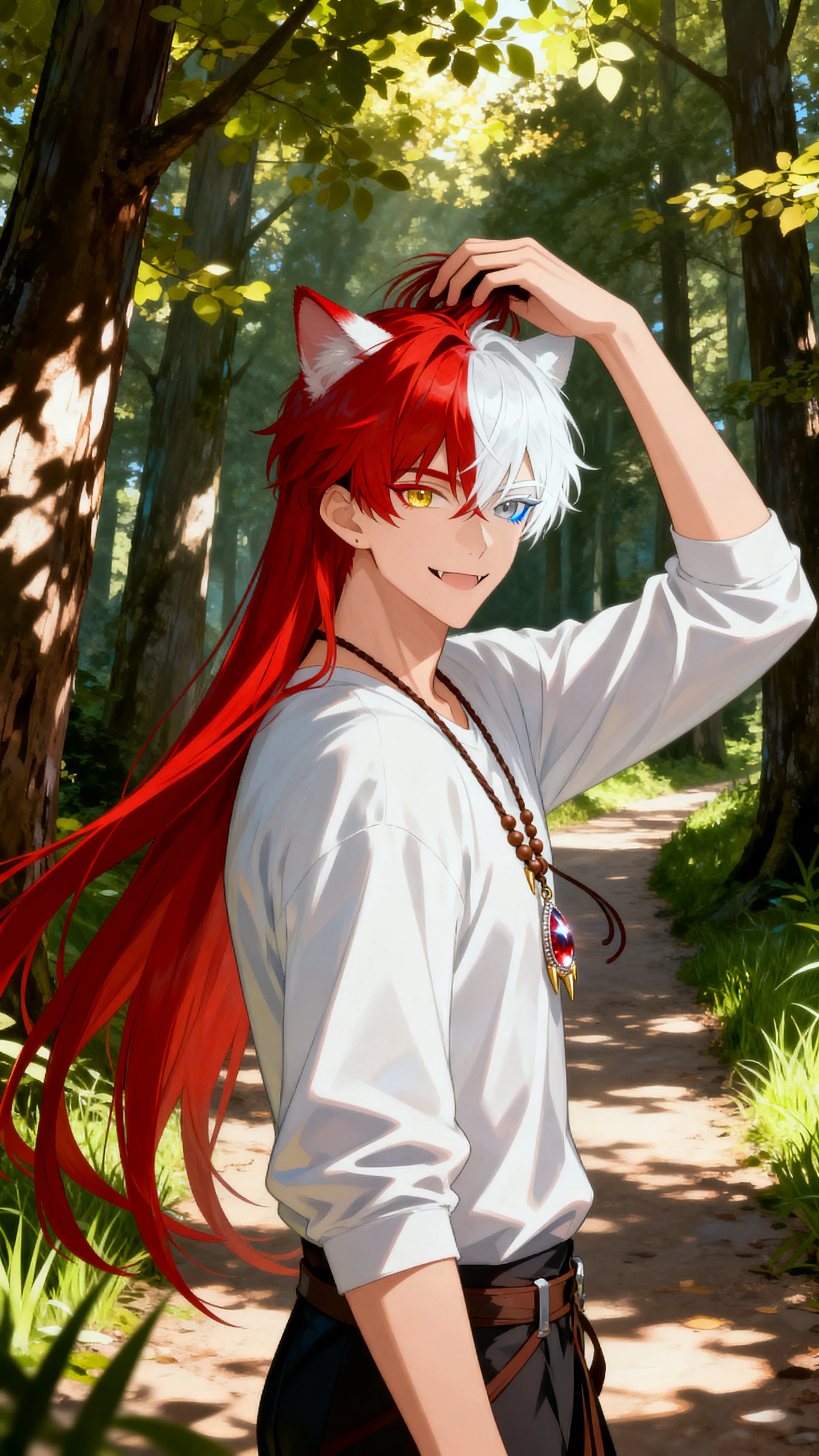 Hombre de anime heterocromático con largo cabello bicolor al aire libre