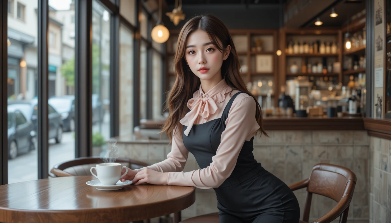 Playful Korean college girl posing in a modern cafe