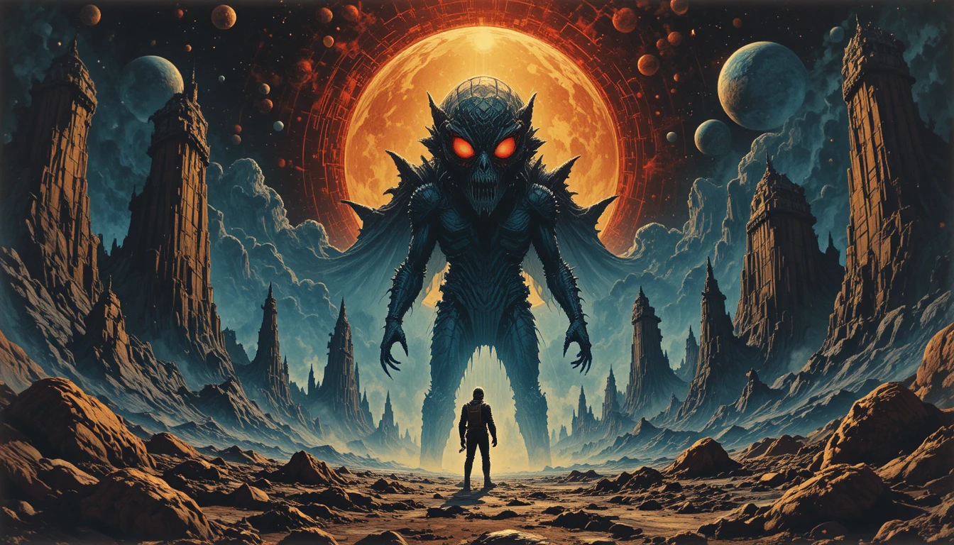 Vintage sci fi poster of monsters emerging from deep space