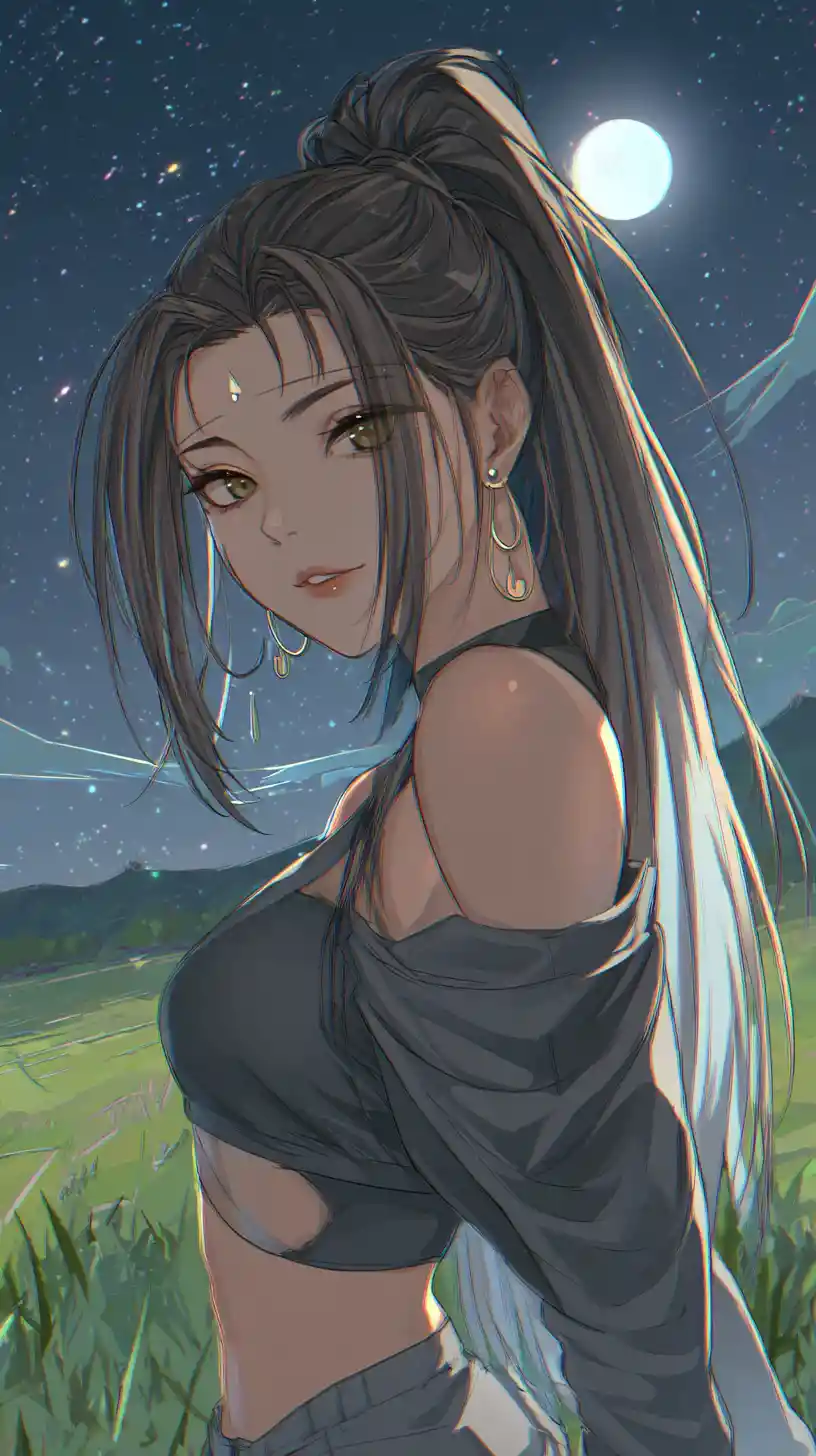 Confident anime girl in athleisure under a starry night sky