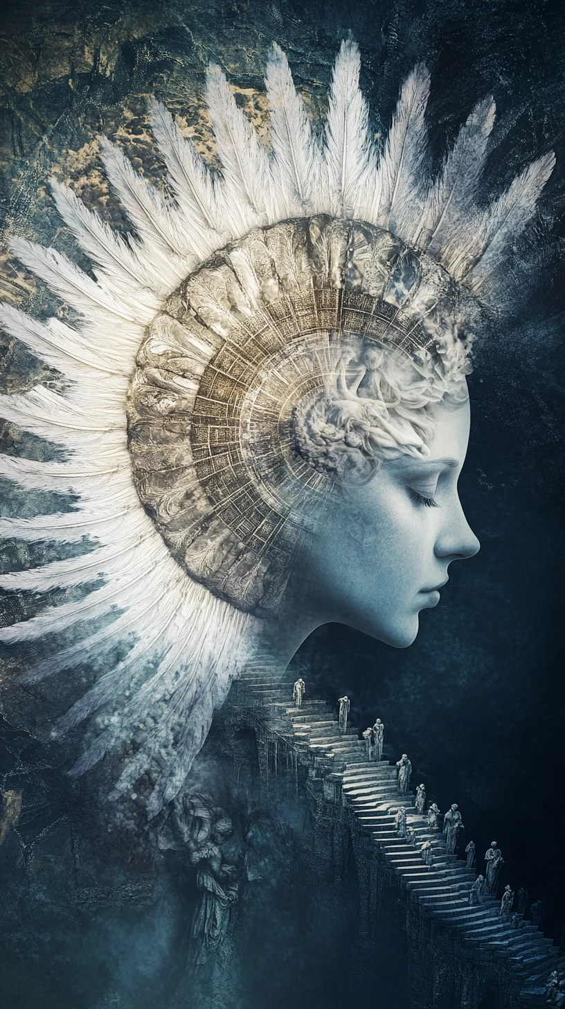 Surreal Angelic Profile With Ascending Stairs And Radiant Halo