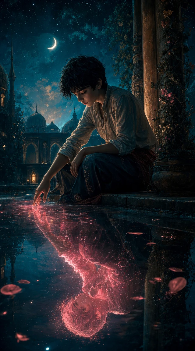 Boy by glowing pool in dreamy night fantasy scene