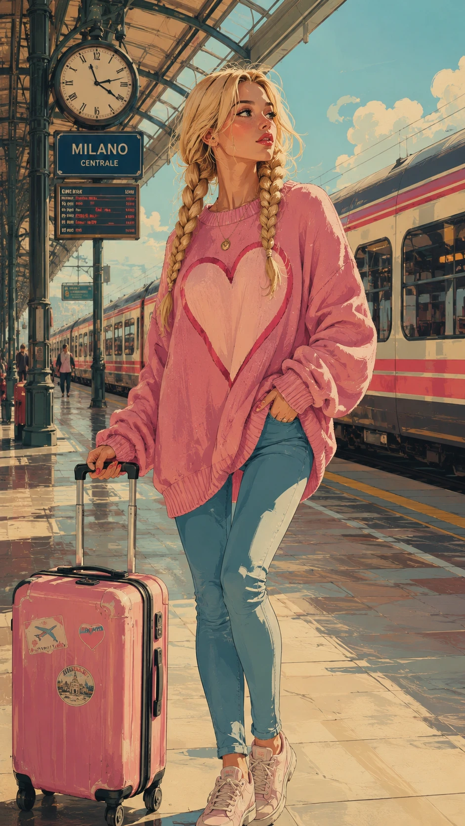 Mujer rubia de anime con suéter rosa en la estación de tren
