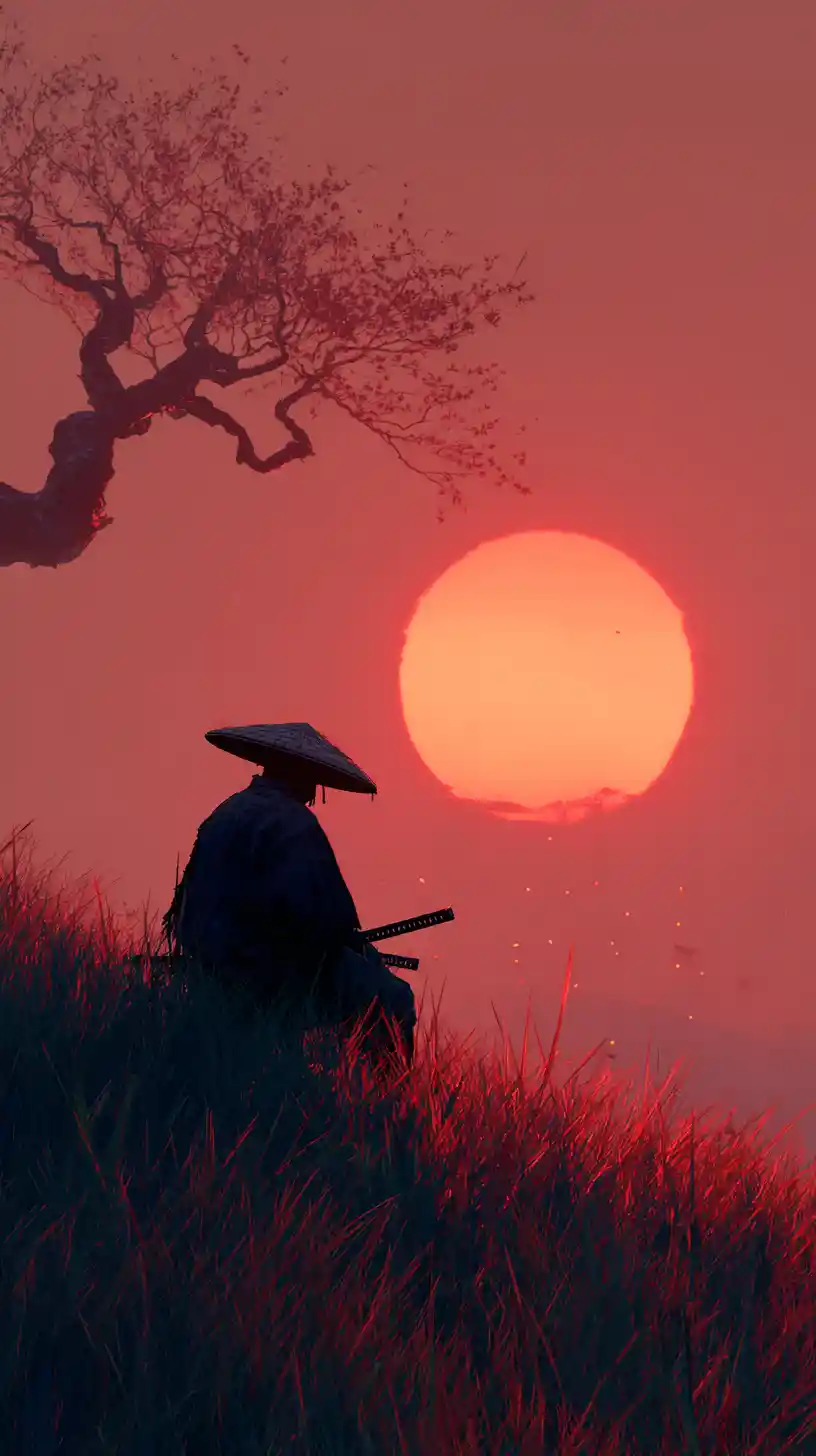 Samurai In Silhouette On A Hillside At Fiery Sunset
