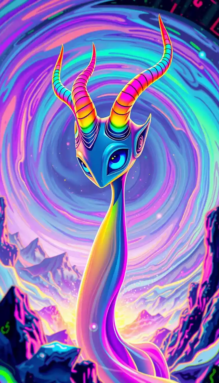Mystical neon horned being emerging from swirling vortex