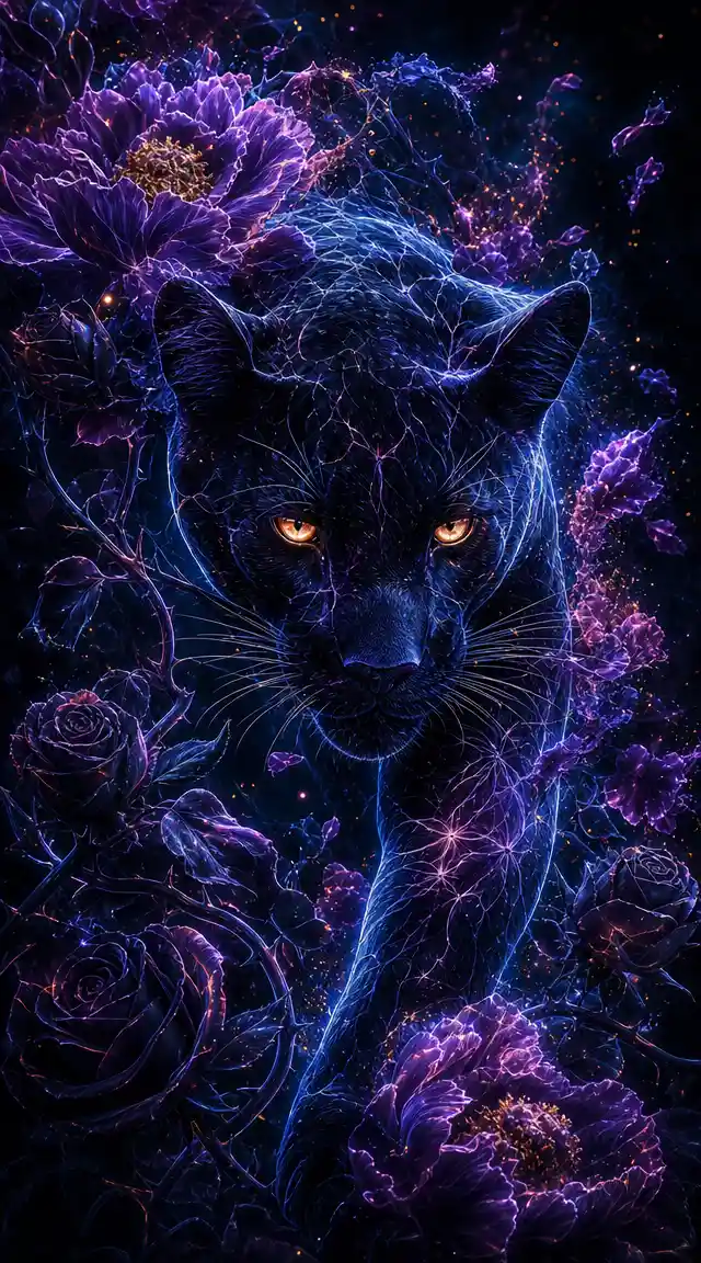 Luminous Black Panther Among Glowing Roses And Peonies