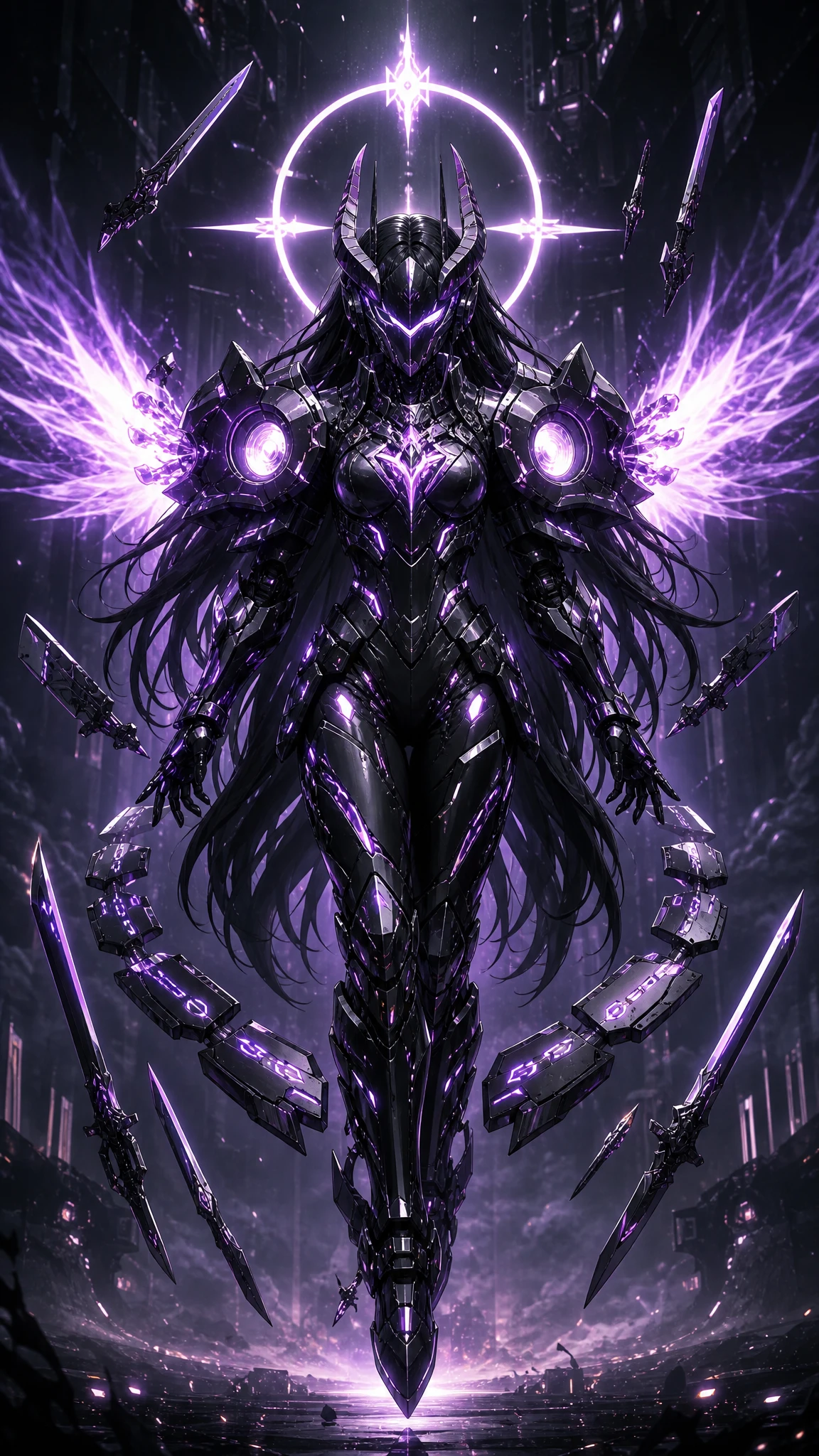 Cyberpunk armored warrior with neon halo and blade swarm