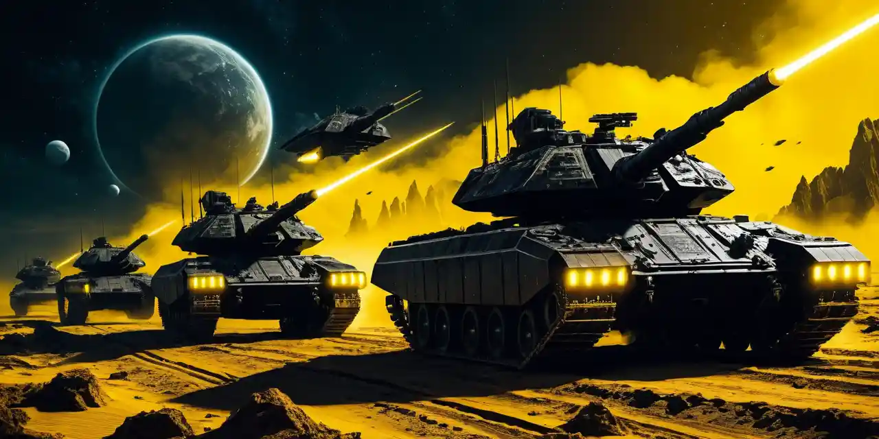 Carri armati neri futuristici attraversano un campo di battaglia sci‑fi tropicale