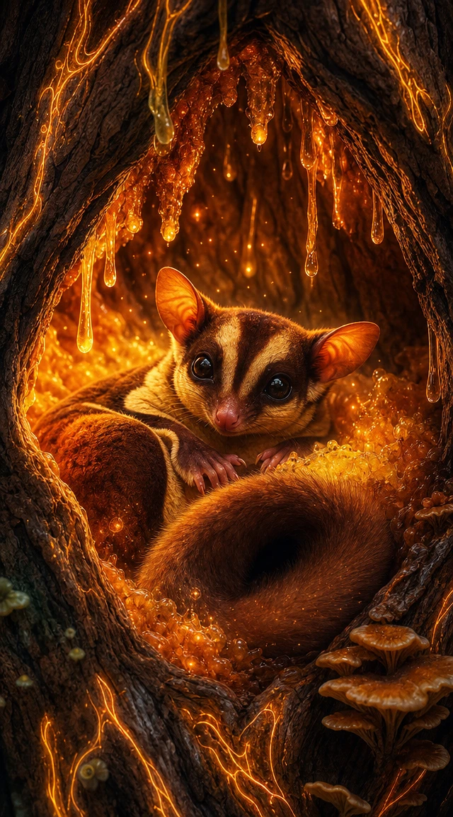 Mahogany glider resting in glowing hollow tree sanctuary