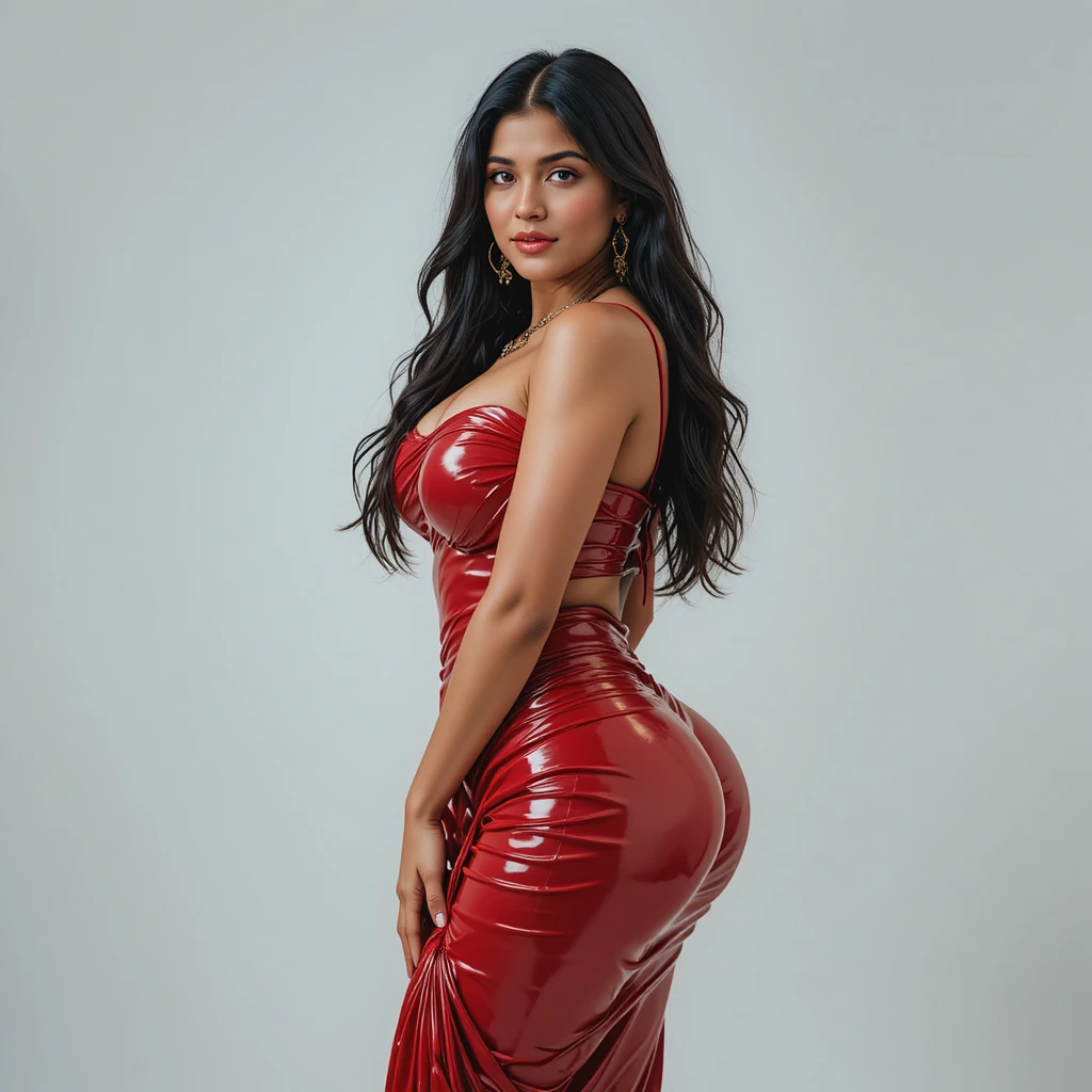 Pakistani woman in latex saree posing in studio