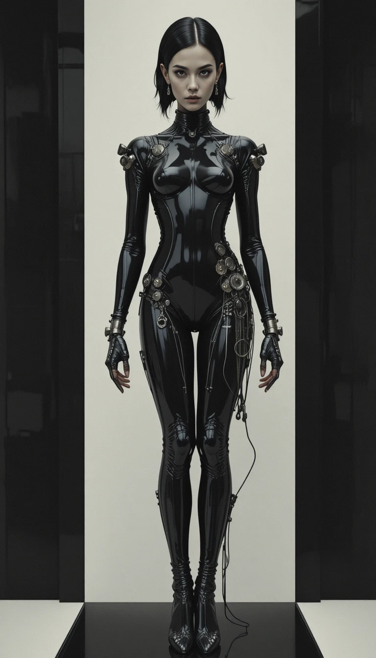 Surreal vintage pin up cyborg woman with geometric backdrop