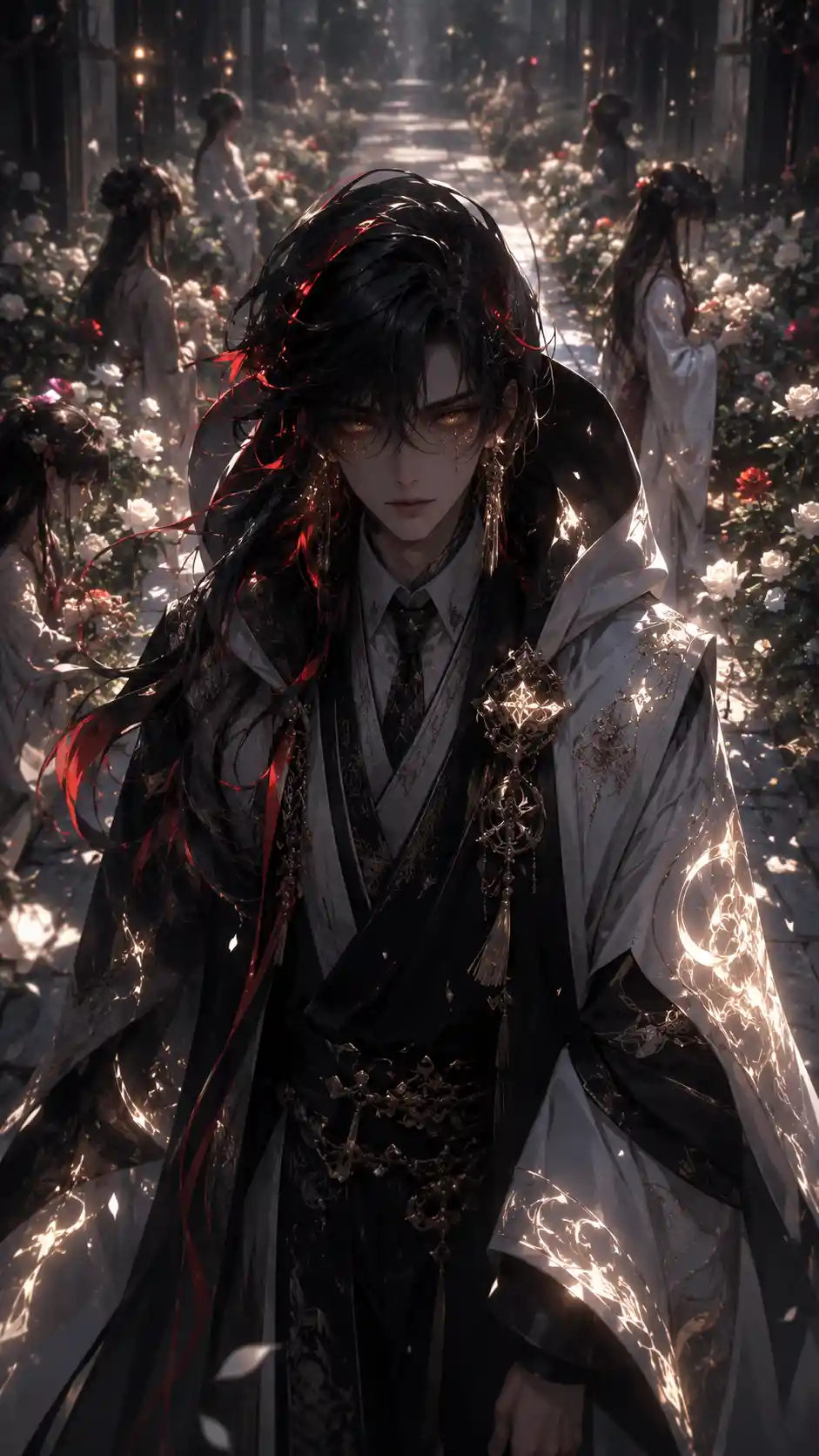 Uomo anime malinconico che cammina lungo un sentiero di giardino luminoso