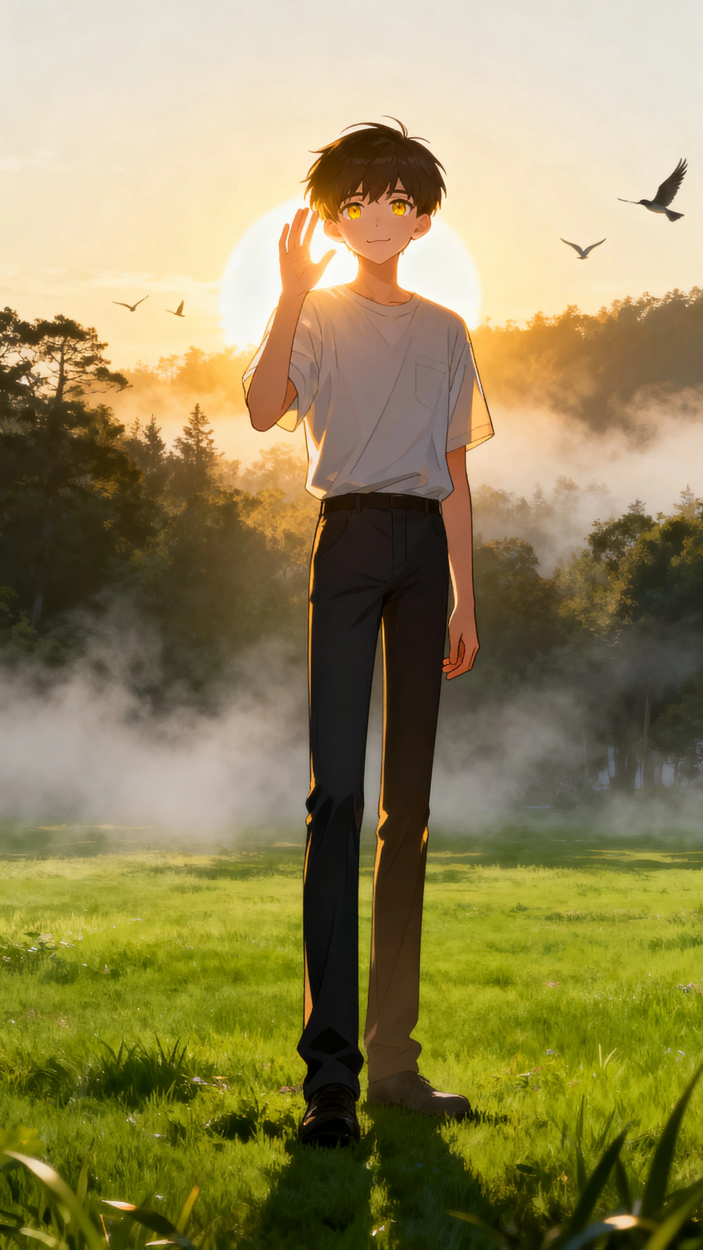 Confident golden haired man standing outdoors at sunrise