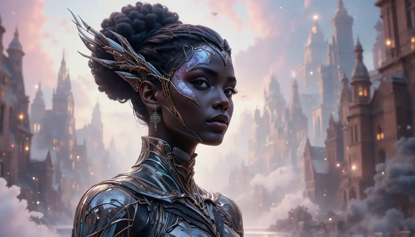 Futuristic black woman in dreamy comic book portrait