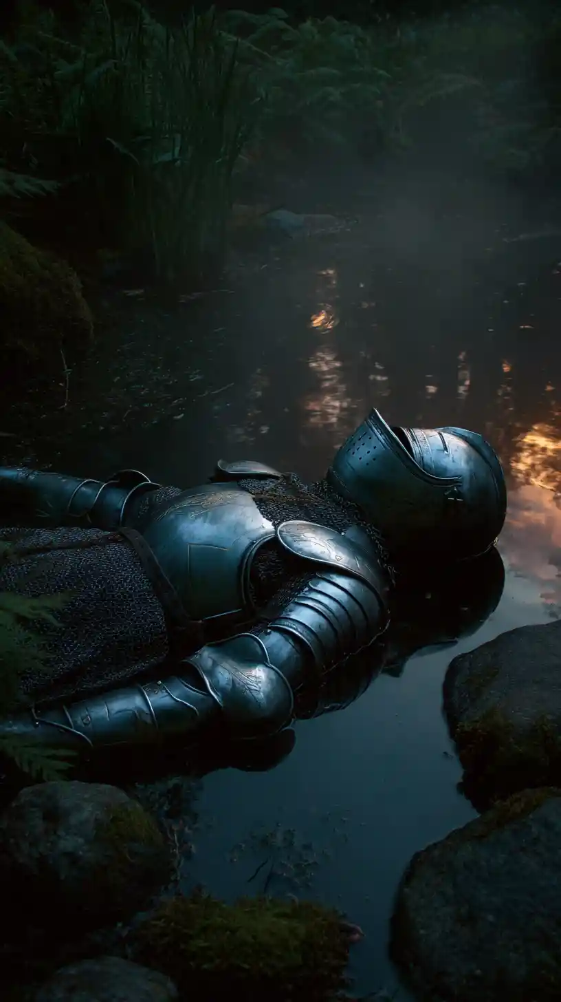 Armored knight floating peacefully on a forest pond at dusk