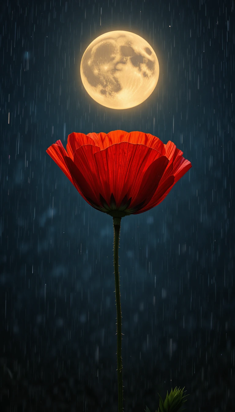 月夜の雨空の下で光る赤いポピー