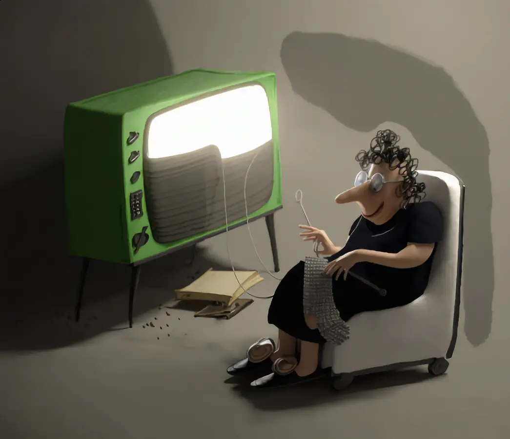 Elderly Woman Knitting Beside A Glowing Green Television