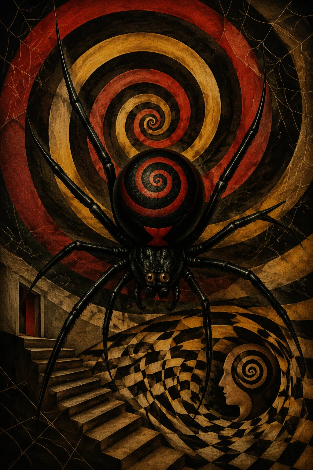 Surreal black widow spider with hypnotic spiral pattern