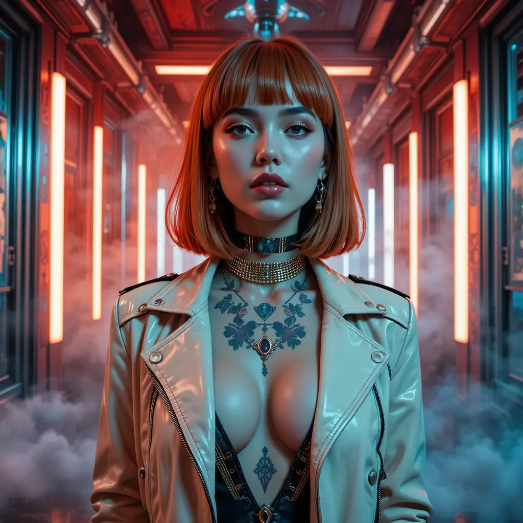 Cyberpunk Woman In Neon Lit Art Deco Cinema Portrait