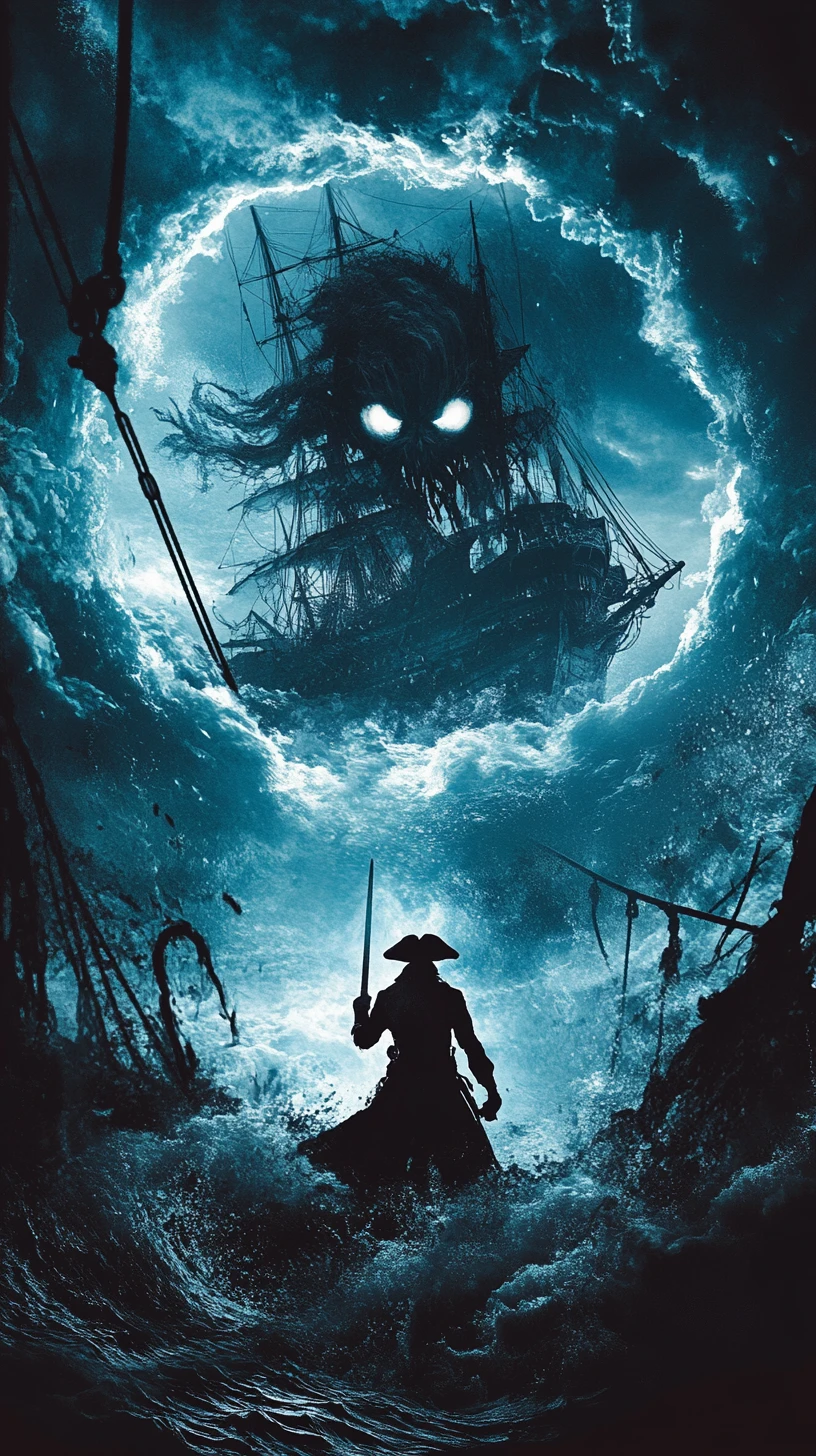 Ghostly pirate captain fused with colossal sea monster