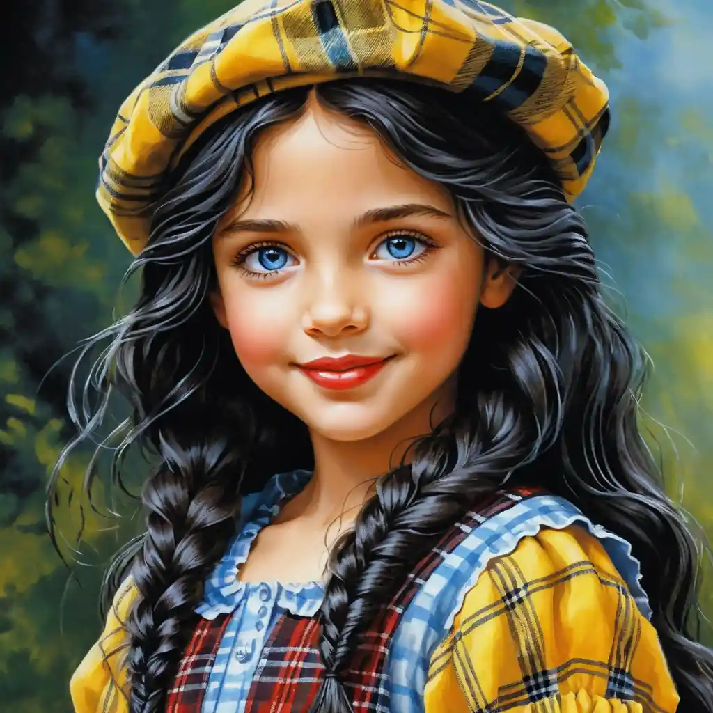 Smiling girl with blue eyes in plaid beret and dress