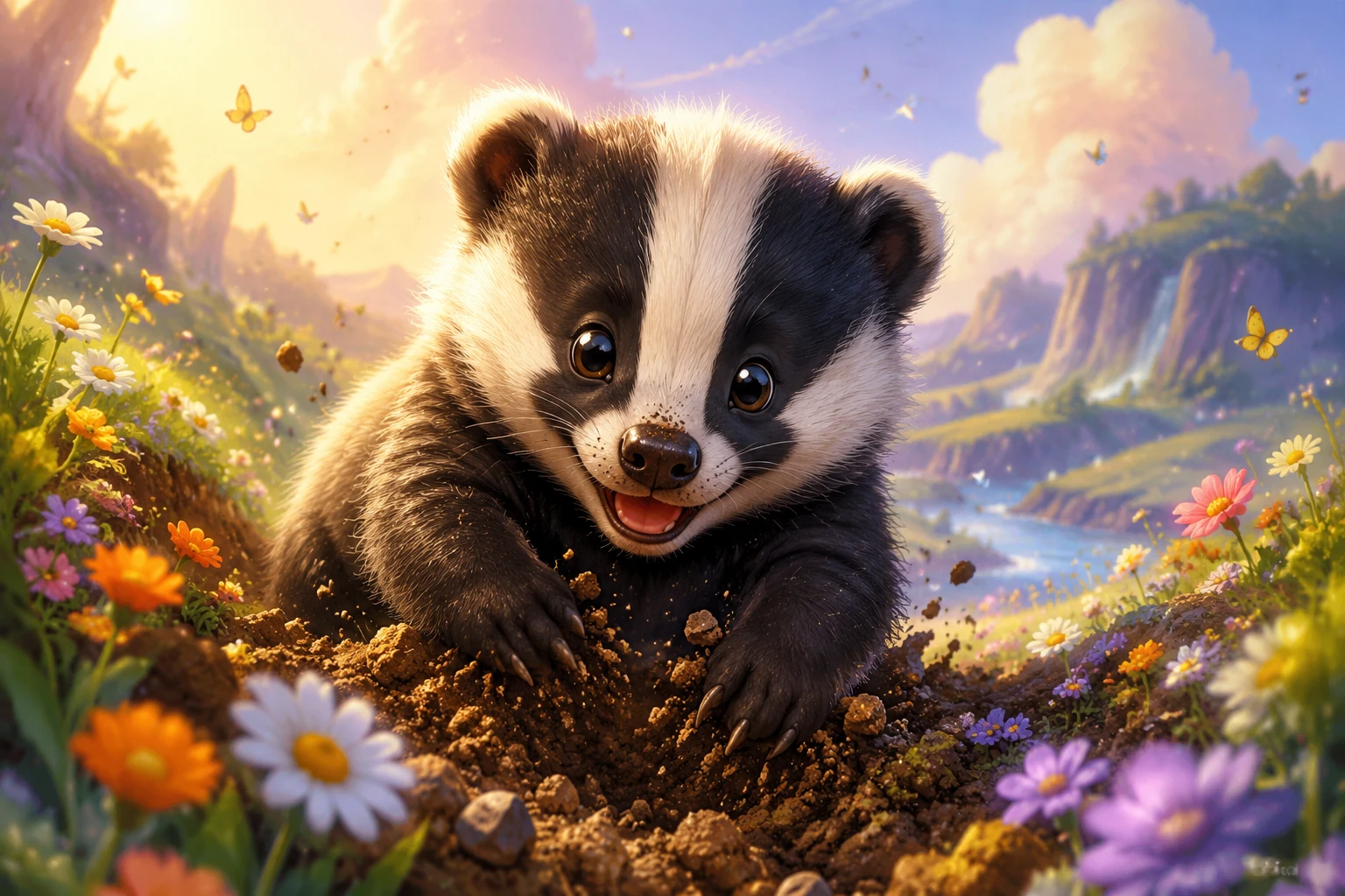 Cute baby badger digging playfully among soft garden flowers