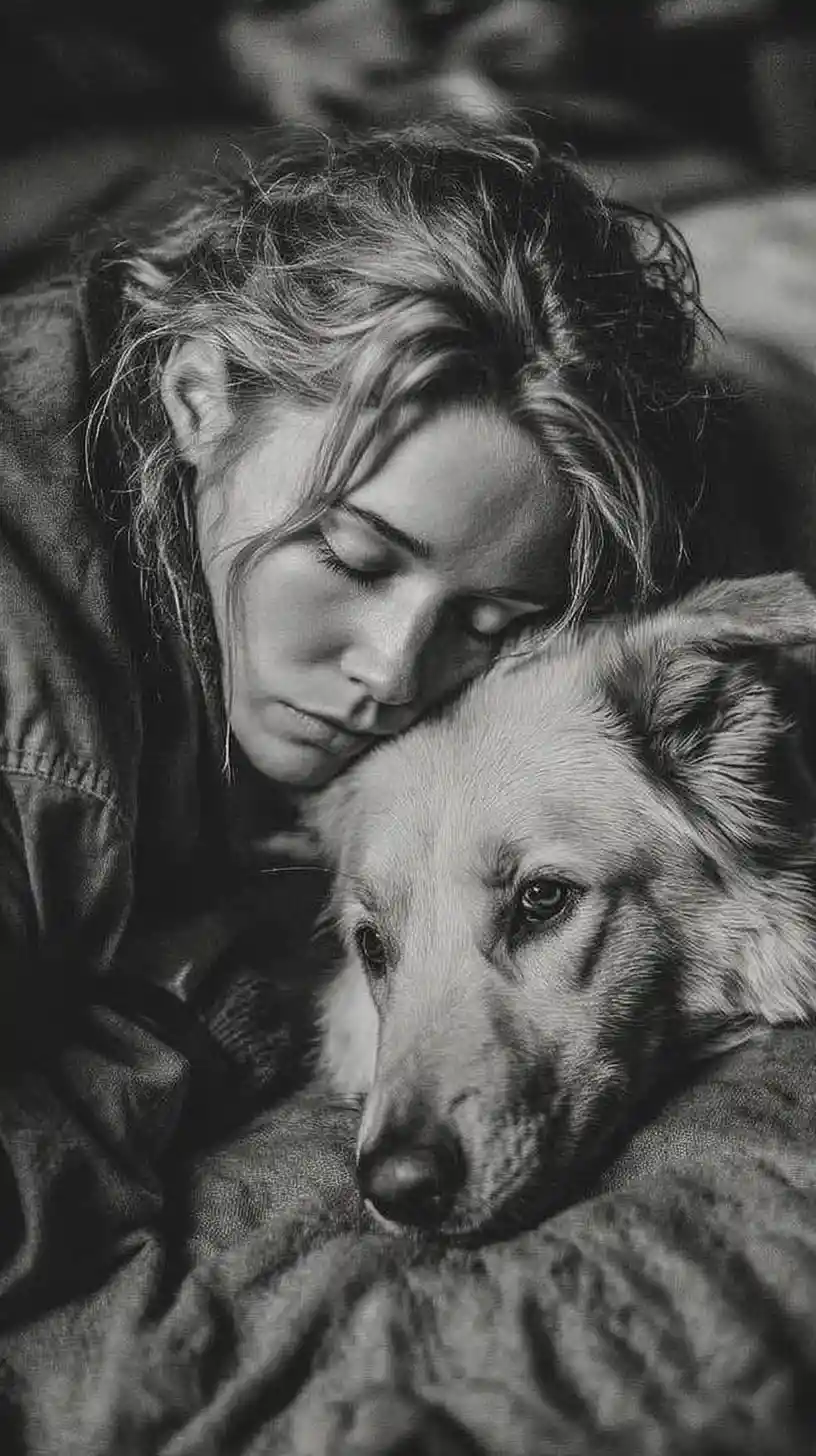 Woman lying on the floor beside her sick dog