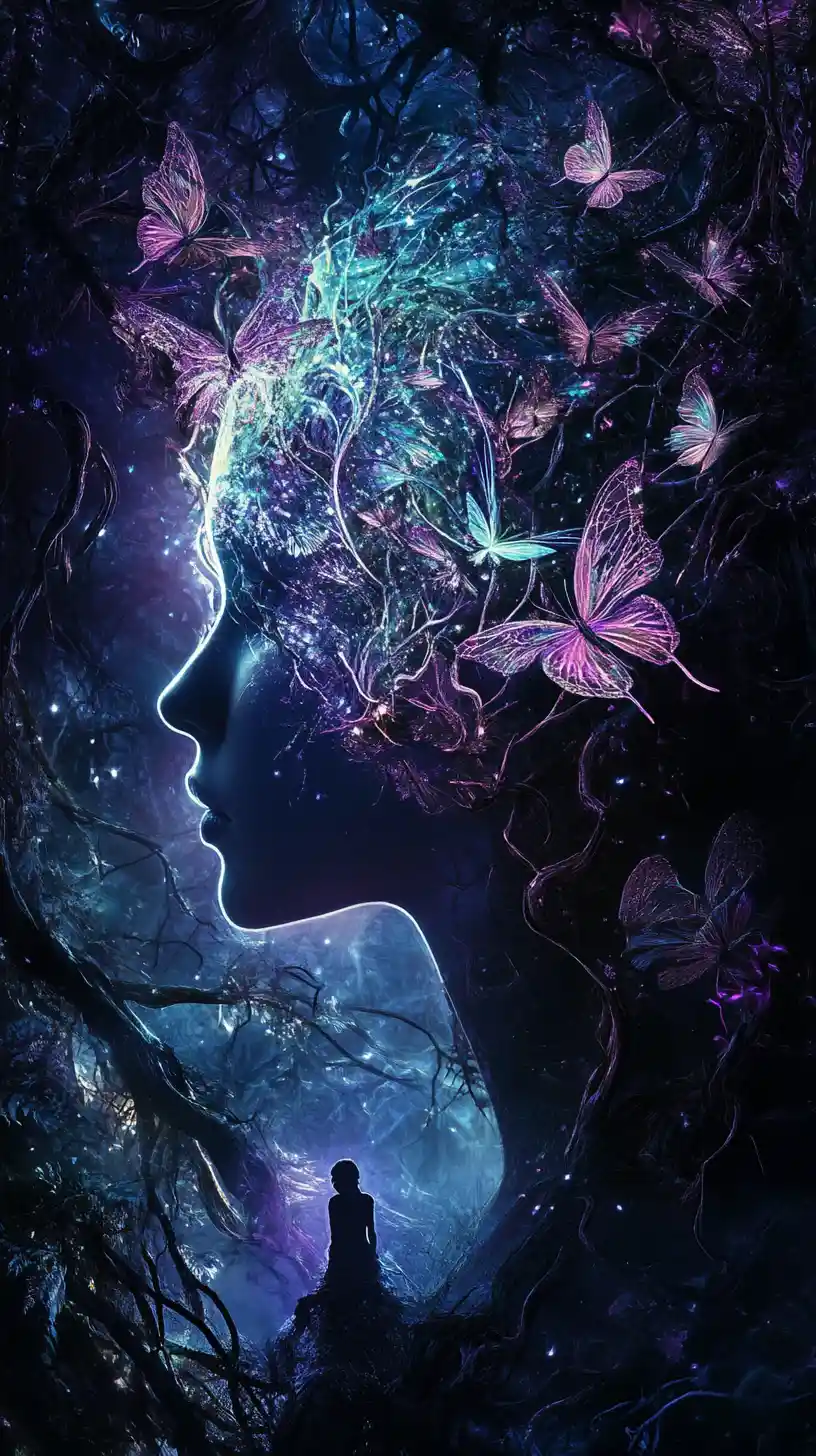 Bioluminescent fairies forming a surreal female profile silhouette