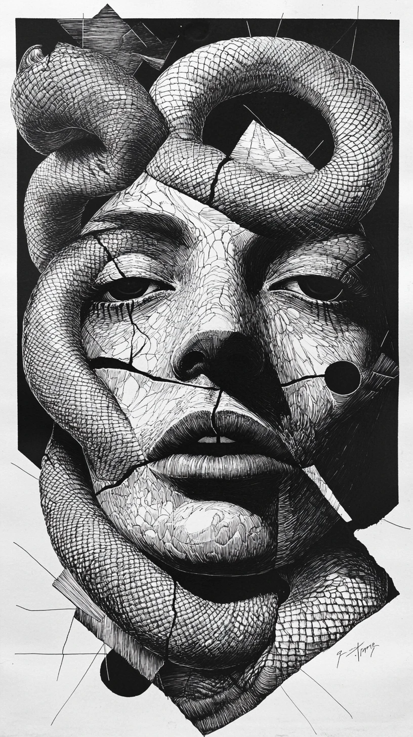 Surreal Human Face Entwined With Coiling Serpent In Ink