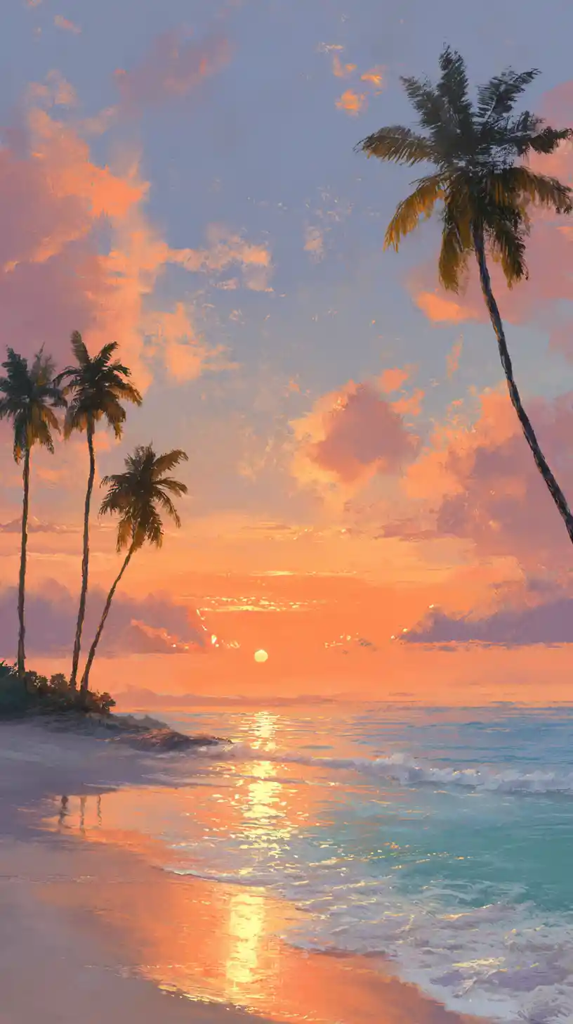 Tranquil tropical beach sunset with glowing palm silhouettes
