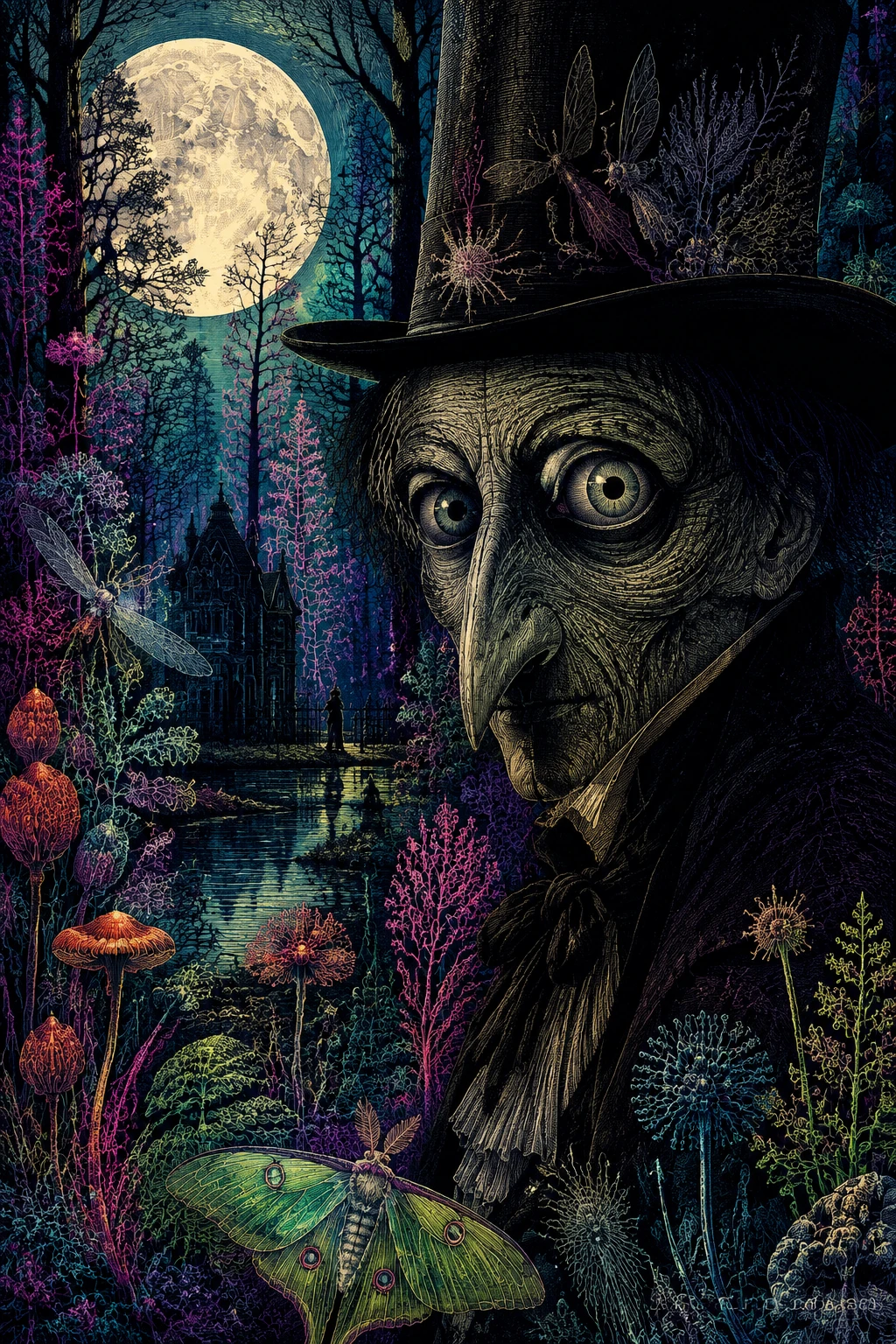 Eerie monster close up in a neon forest night
