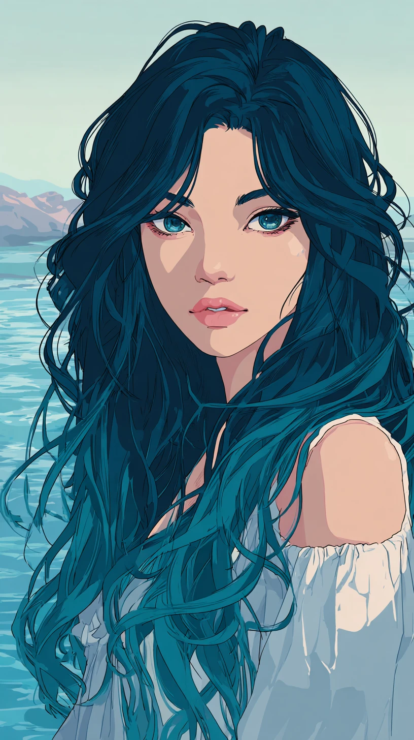 Chica boho de pie junto al agua en un amanecer sereno