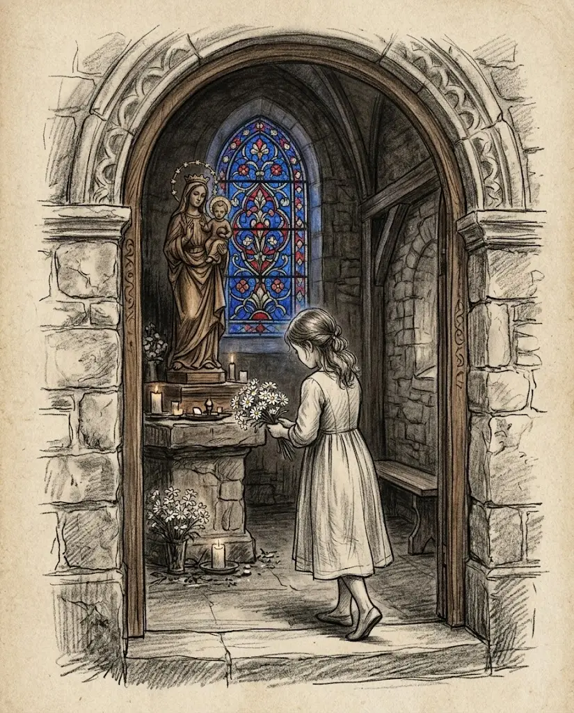 Young girl laying white daisies before a Marian statue