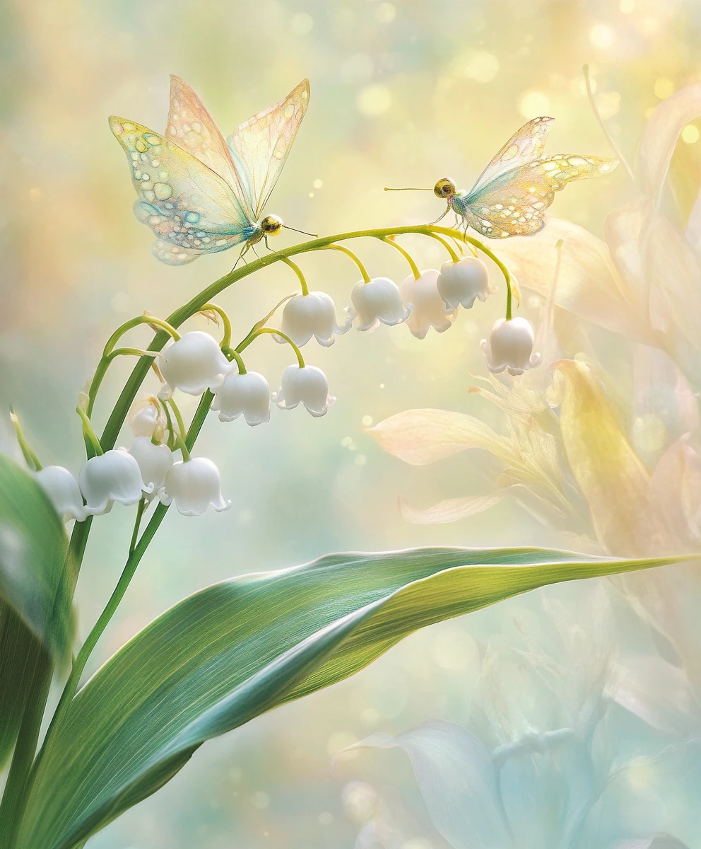 Tiny fairy sipping nectar from lily of the valley
