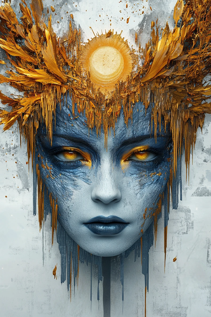 Surreal blue faced woman with golden molten headdress