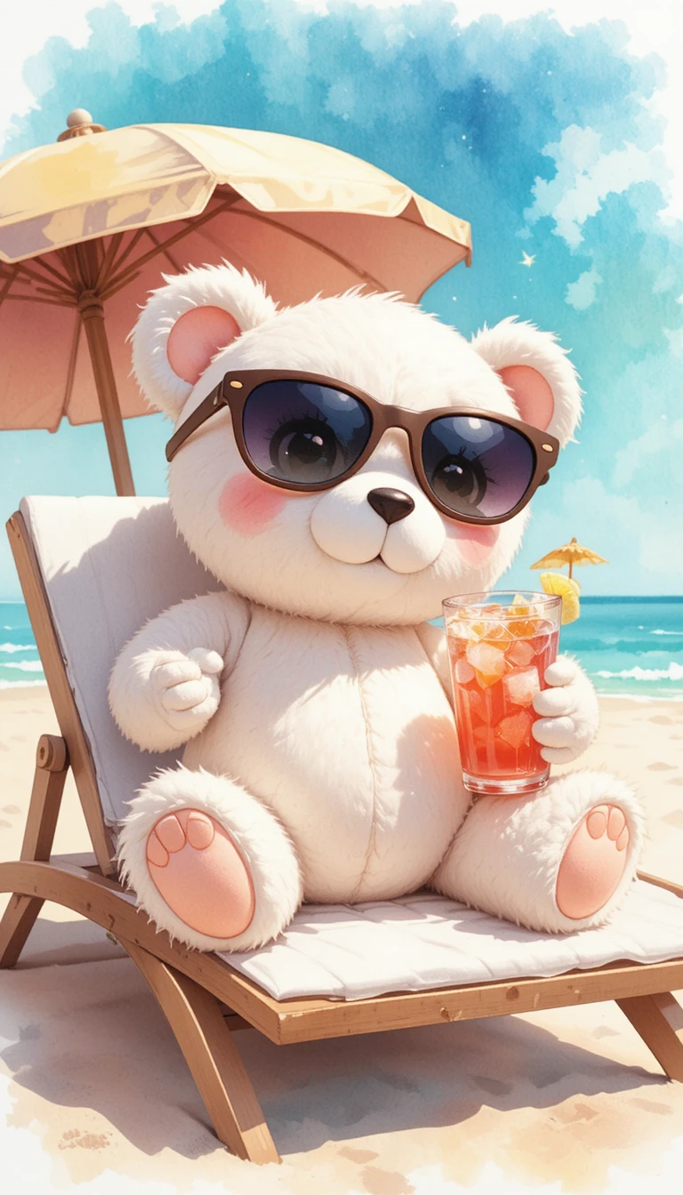 Dolce orsetto chibi che si rilassa su un lettino da spiaggia estivo