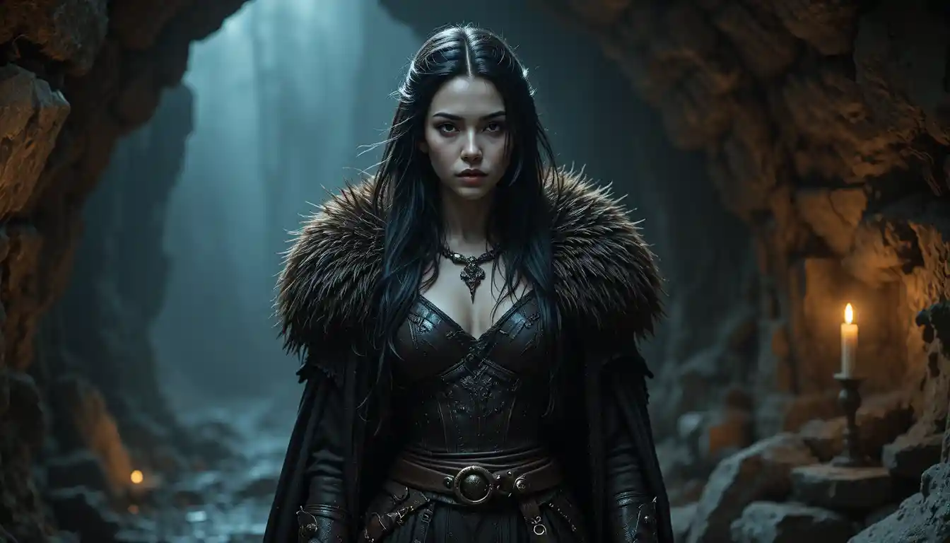 Fierce warrior maiden in a candlelit medieval cave
