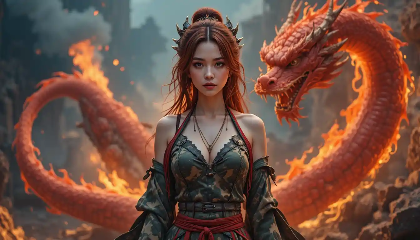 Asiatische Frau mit roten Haaren und feuerspeiendem Drachen
