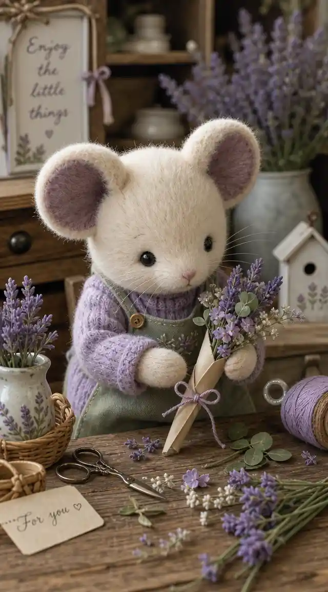 Fluffy plush mouse arranging a tiny flower bouquet