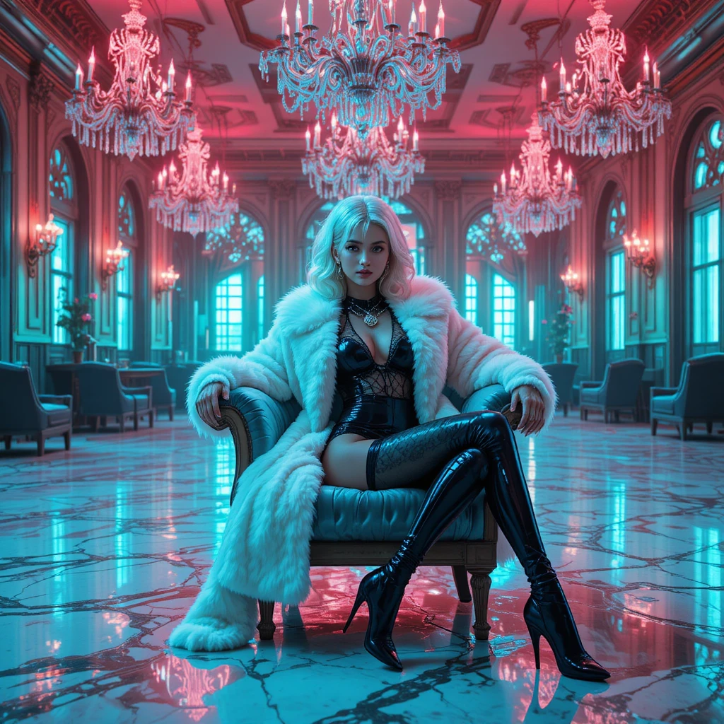 Cyberpunk femme fatale in a holographic luxury ballroom