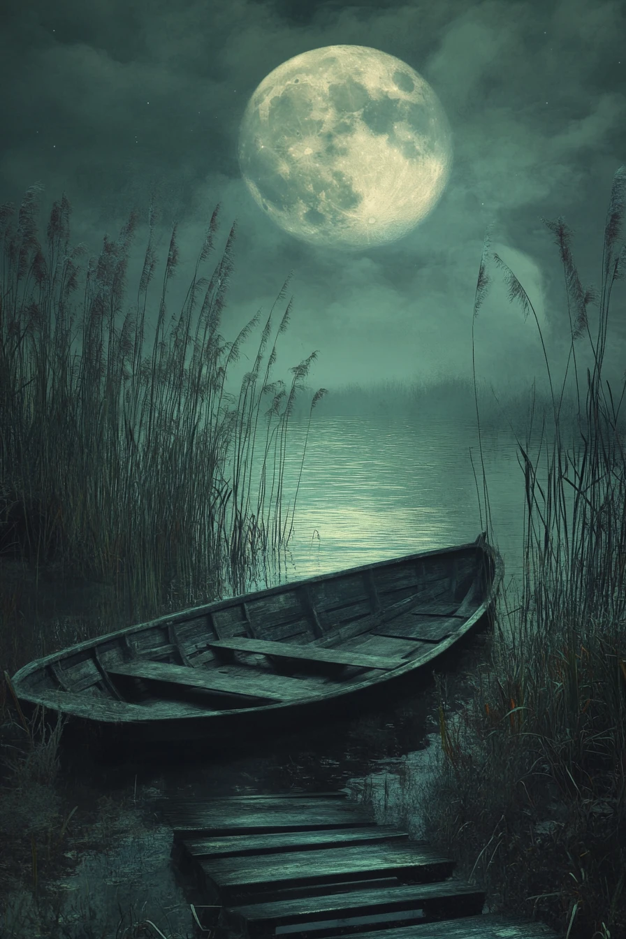 Quiet lakeside boat under a rising full moon