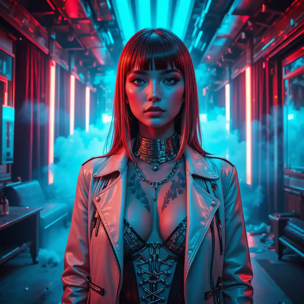Surreal cyberpunk woman in a neon art deco cinema