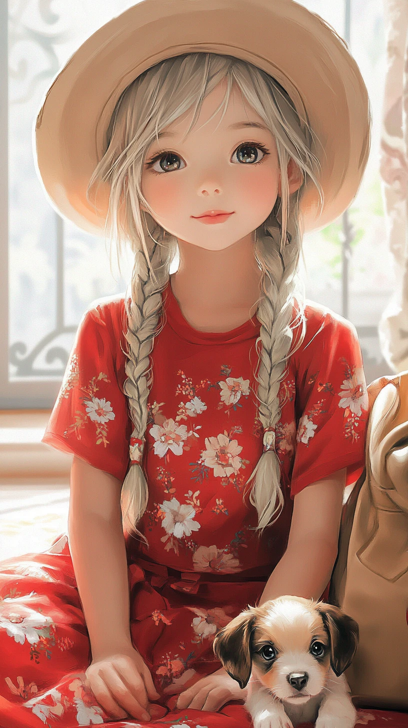 Cute little girl in red dress sitting calmly indoors