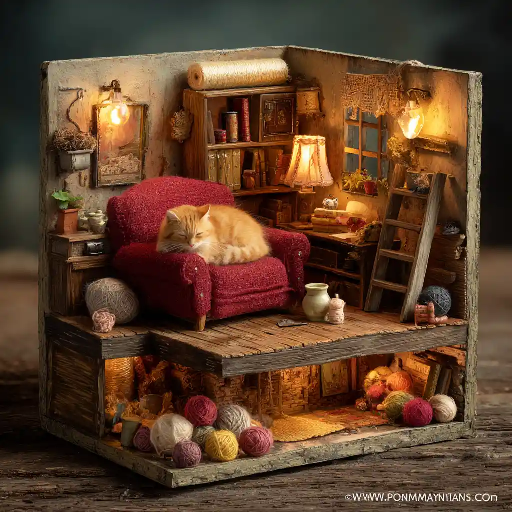 Miniature living room with sleeping cat in velvet armchair