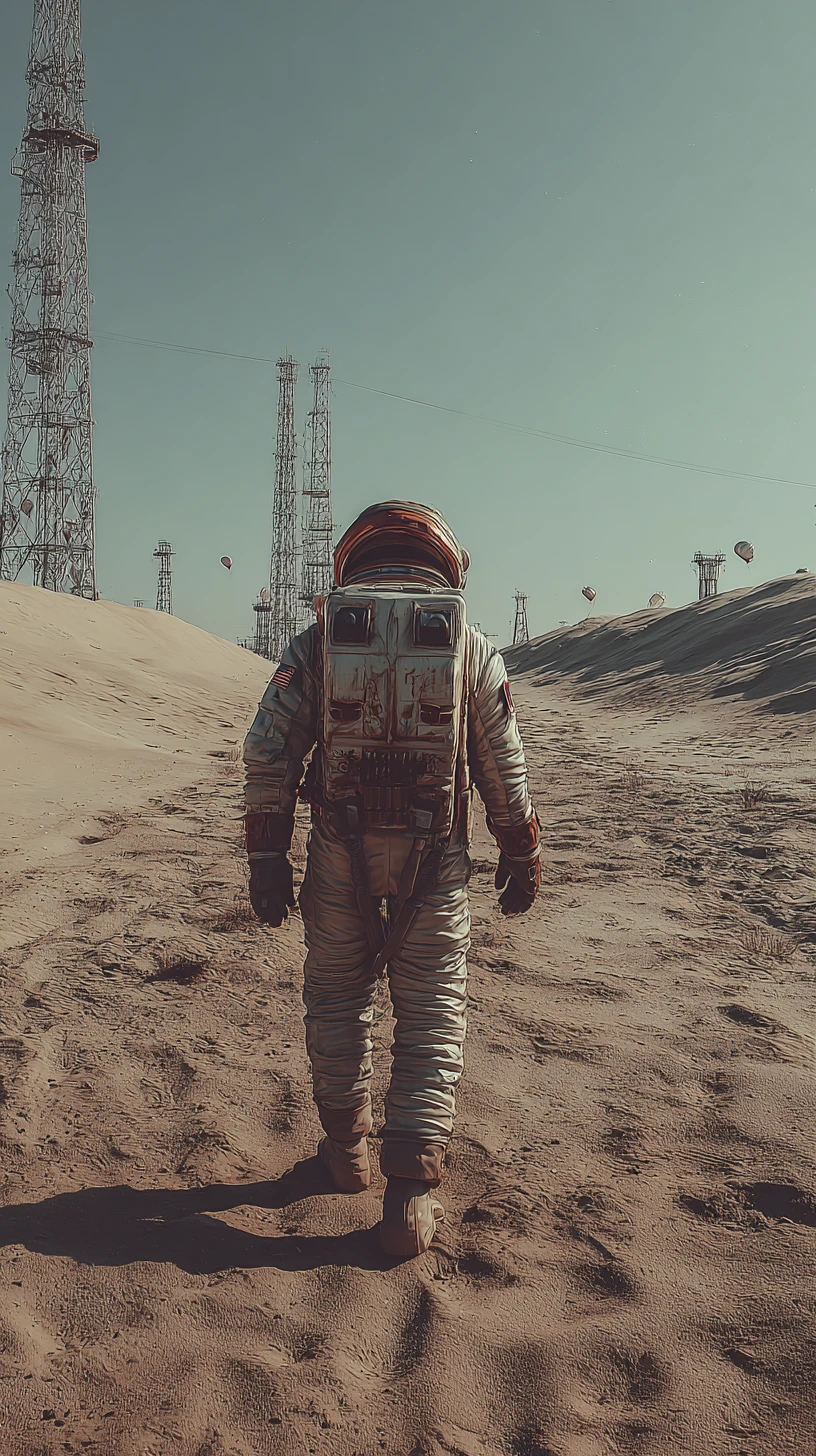 Lone astronaut crossing desert toward ancient alien monolith