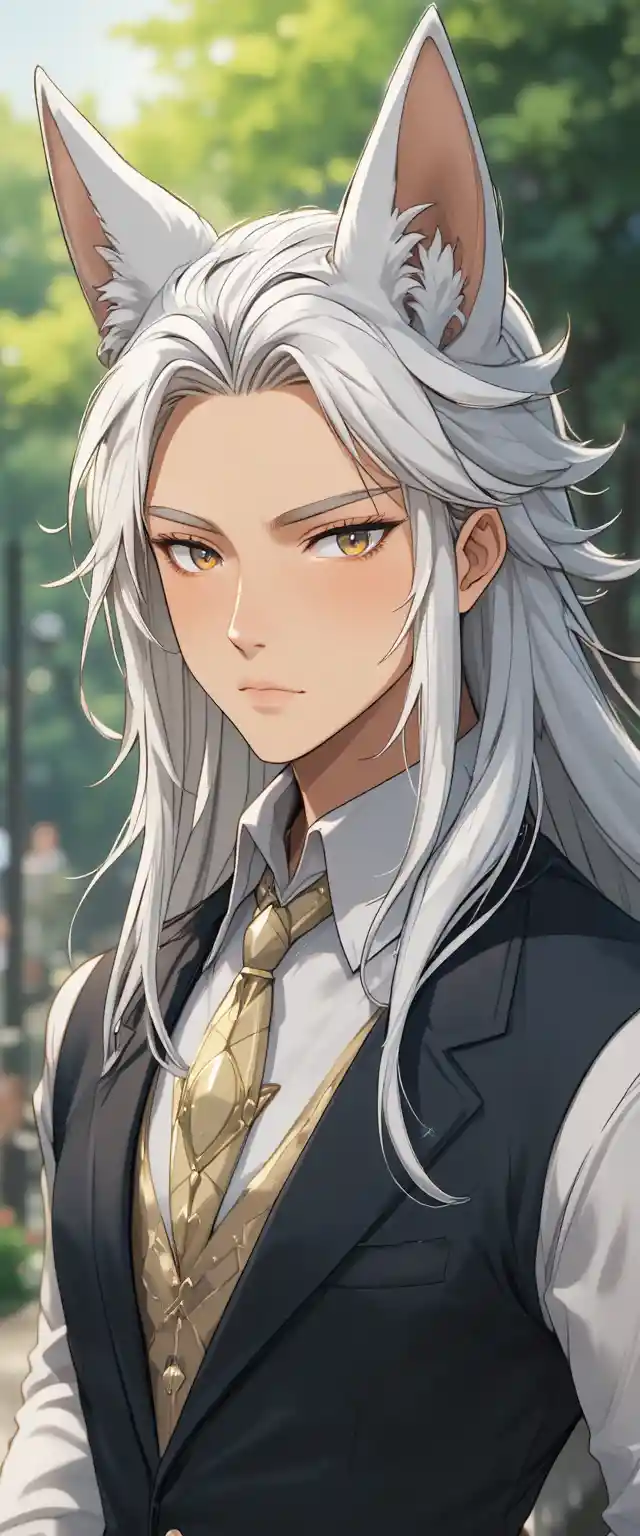 Elegant anime kitsune man with silver hair and golden eyes